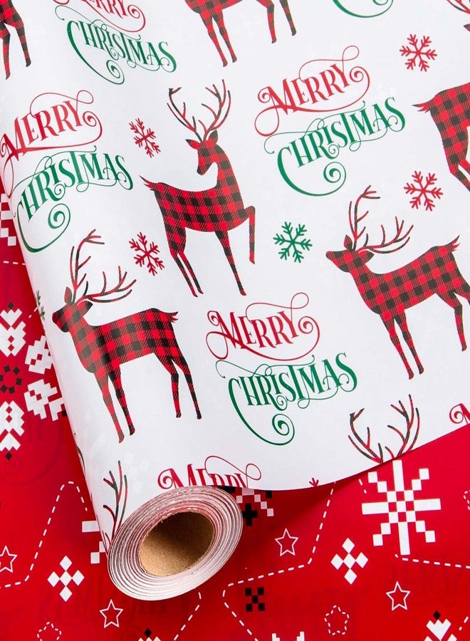 MAYPLUSS Christmas Wrapping Paper Roll - 17IN X 33FT - Gift Wrapping Paper Featuring Merry Christmas Reindeer Reversible Snowflake for Kids, Holiday, New Year - Image 1